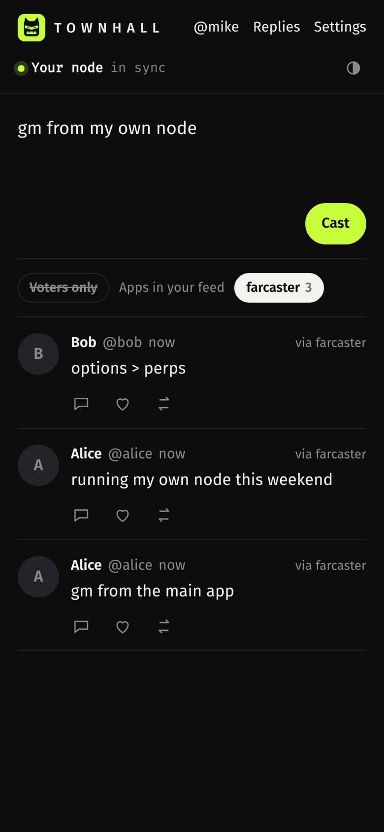 townhall on a phone: home feed read from your own node, with a cast being written